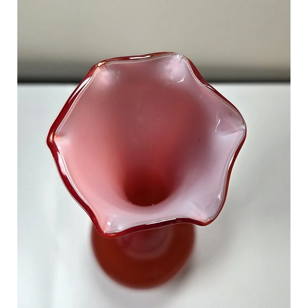 Vintage Hand Blown Glass MCM‎  Vase Ruffled Top Red Orange